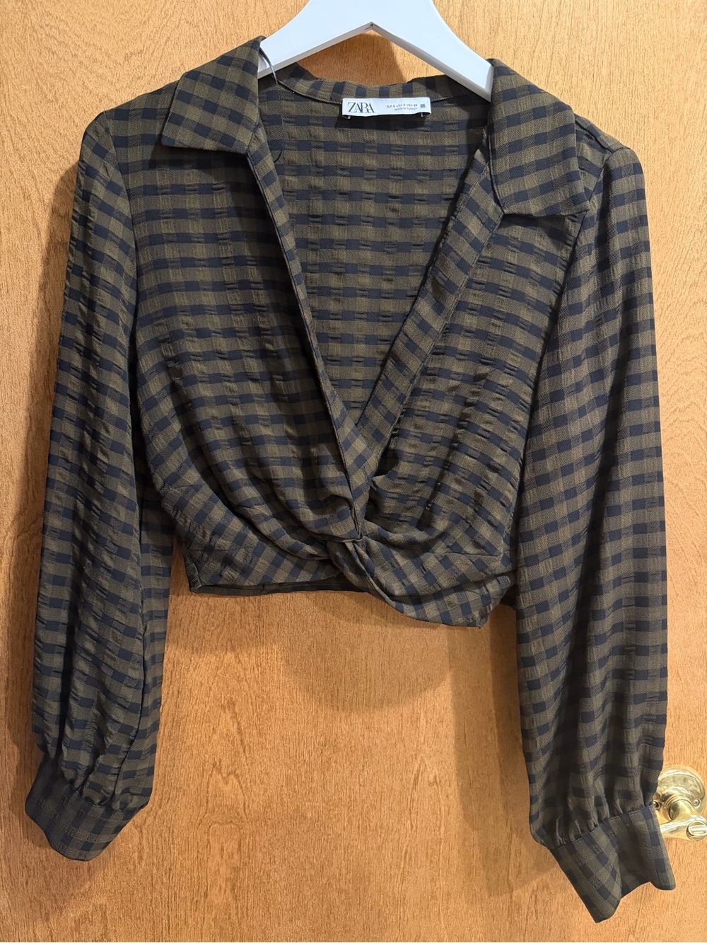 ZARA Olive and Black Checked Twist-Front Crop Top